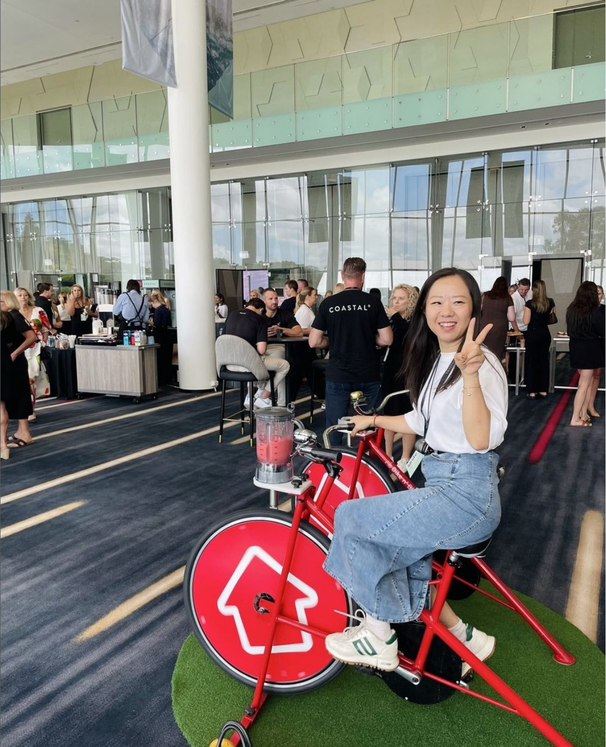 Smoothie bikes providing a fun conference activity at a crowded event